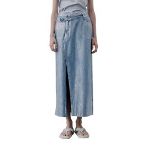 ZARA NEW MIDI ASYMMETRIC DENIM METALLIC COATED SKIRT BLUE SILVER Size Small